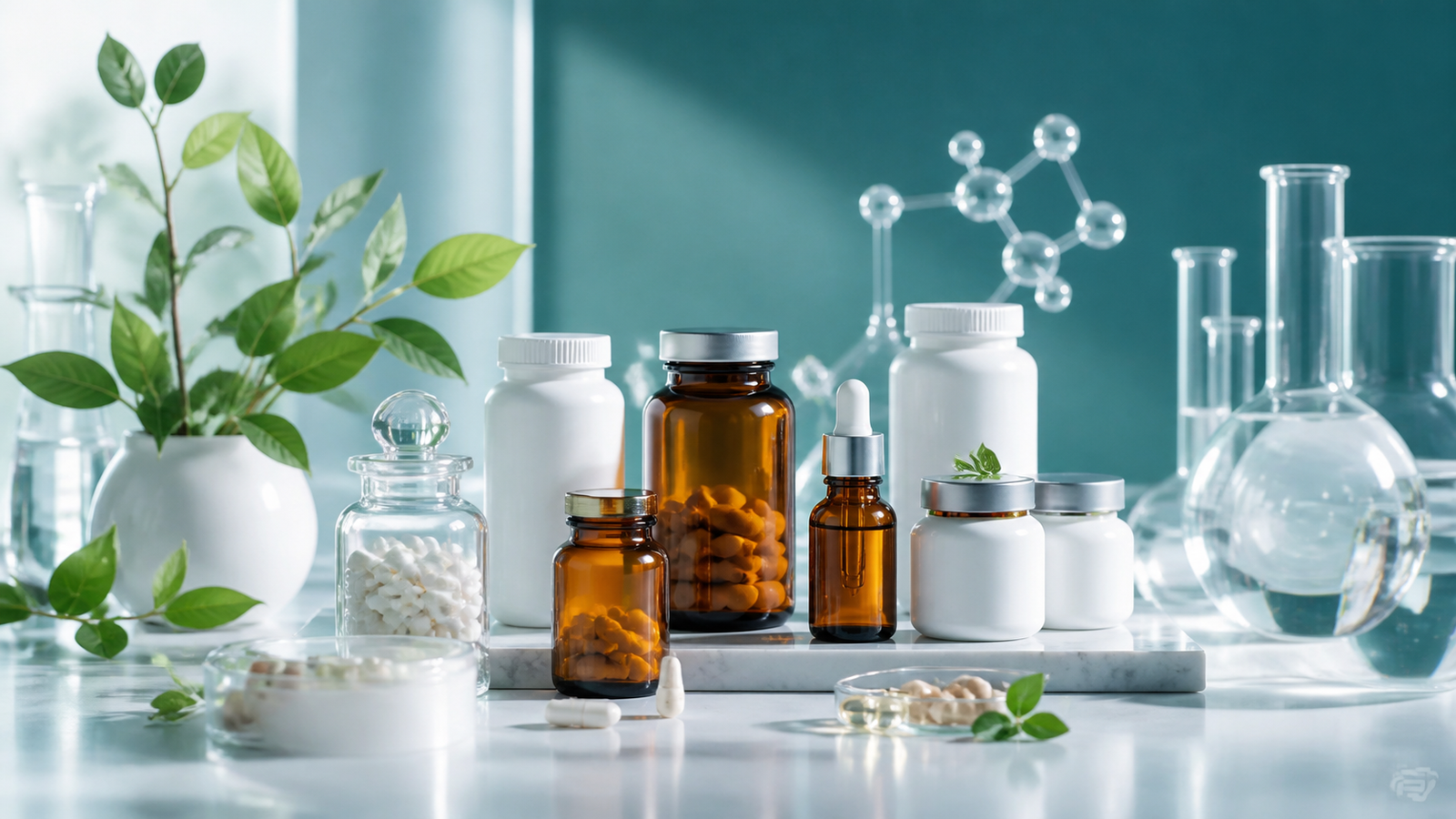 Premium pharmaceutical and wellness products in a clean laboratory setting